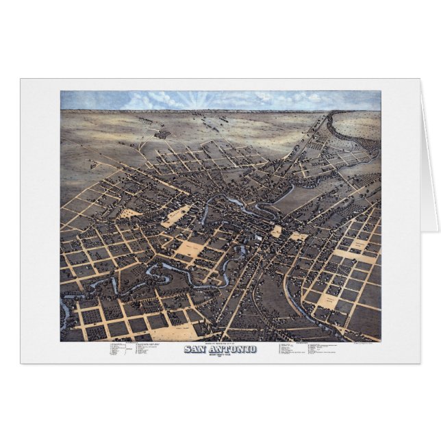 Cartão San Antonio, Texas, Mapa da Cidade Aérea Antiquada (Frente Horizontal)