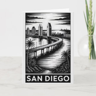 Cartão San Diego Califórnia Xilogravura Preto e Branco