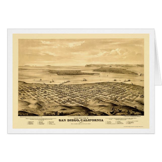 Cartão San Diego, mapa panorâmico de CA - 1876 (Frente Horizontal)