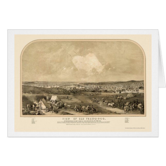 Cartão San Francisco, mapa panorâmico de CA - 1851 (Frente Horizontal)