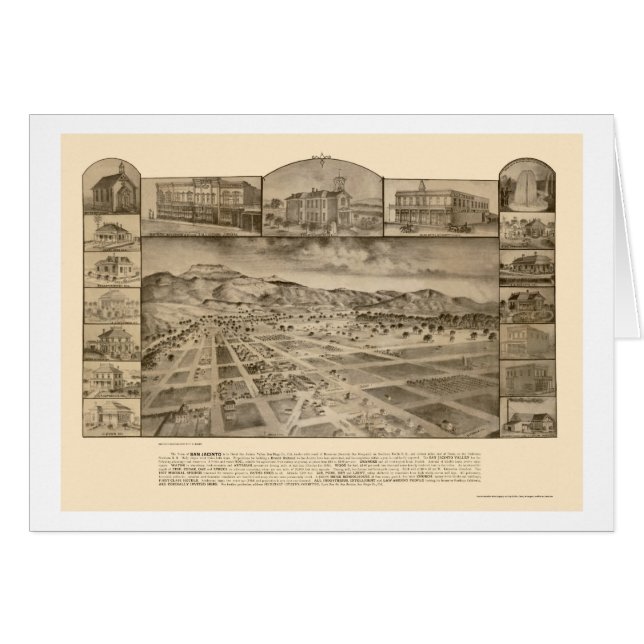 Cartão San Jacinto, mapa panorâmico de CA - 1886 (Frente Horizontal)