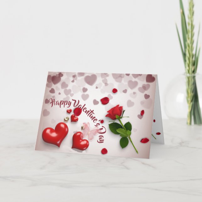 Cartão  San Valentín con rosa y corazones (Frente)