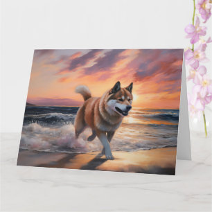 Cartão Sandy Paws Akita Dog em Beach Sunset