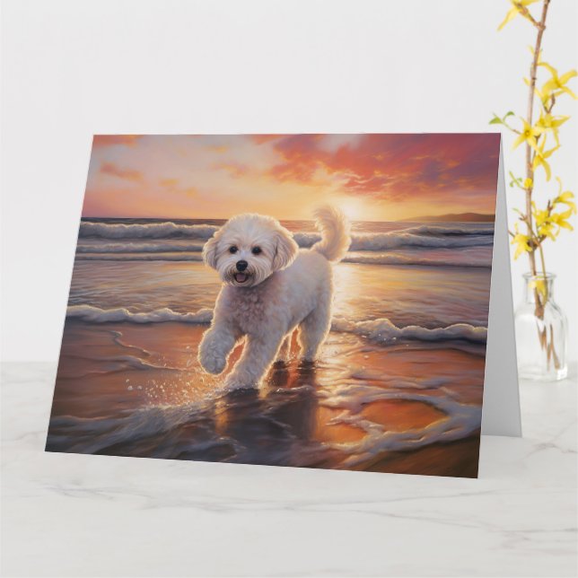 Cartão Sandy Paws Bichon Frise Dog em Beach Sunset (Flor Amarela)