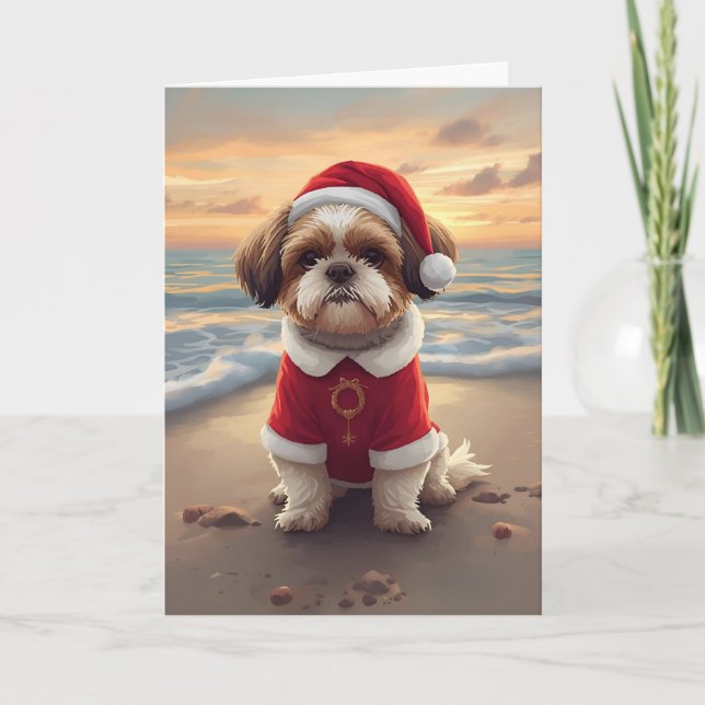 Cartão Sandy Paws & Holiday Cheer – Little Beach Santa (Frente)