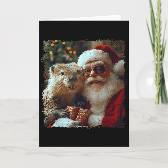 Cartão Santa And Beaver Selfie Funny Christmas Design  (Frente)