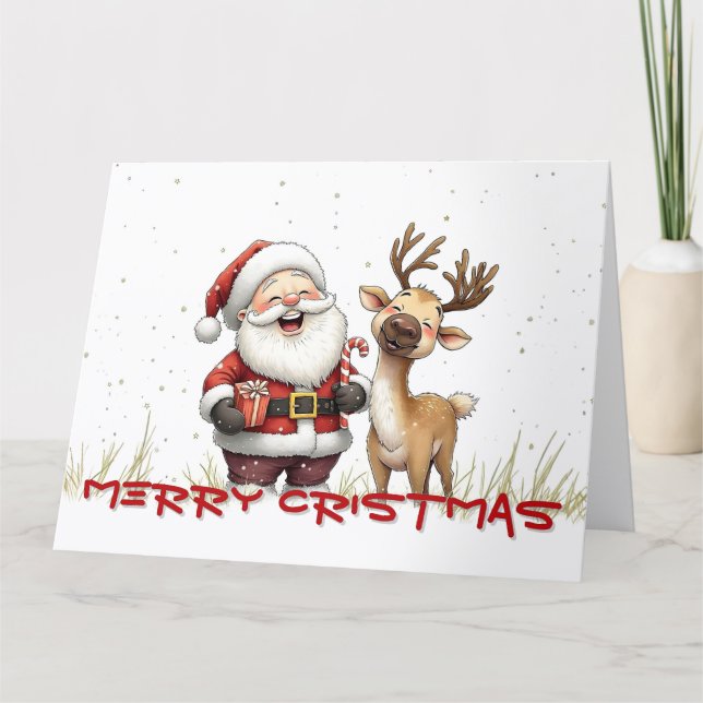 Cartão Santa and Reindeer in Festive Cartoon Style (Frente)