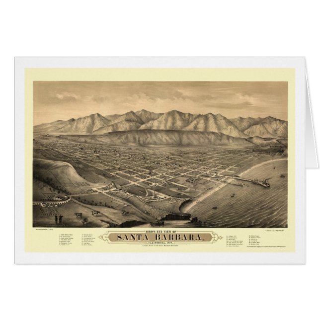 Cartão Santa Barbara, mapa panorâmico de CA - 1877 (Frente Horizontal)