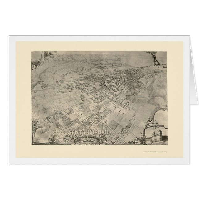 Cartão Santa Barbara, mapa panorâmico de CA - 1896 (Frente Horizontal)