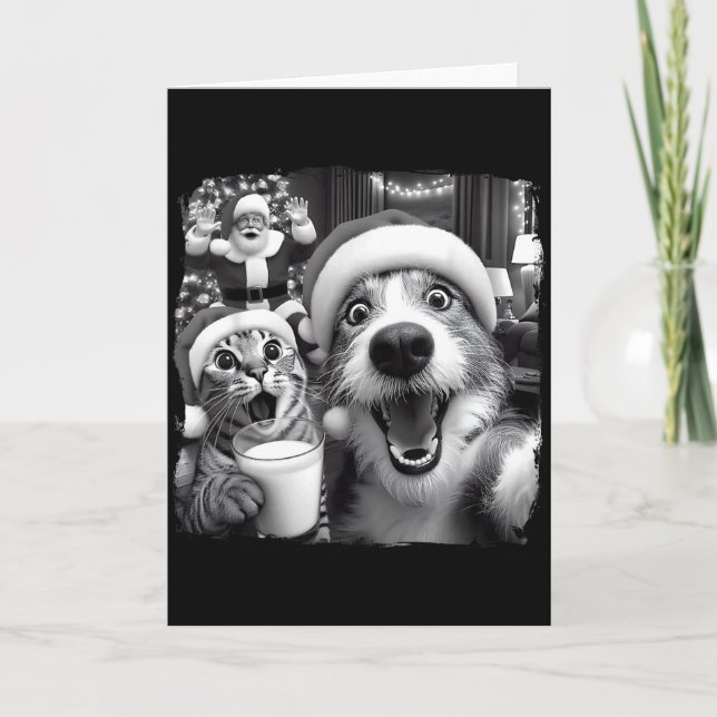 Cartão Santa Christmas Funny Cat Taking Selfie Racoon Xma (Frente)
