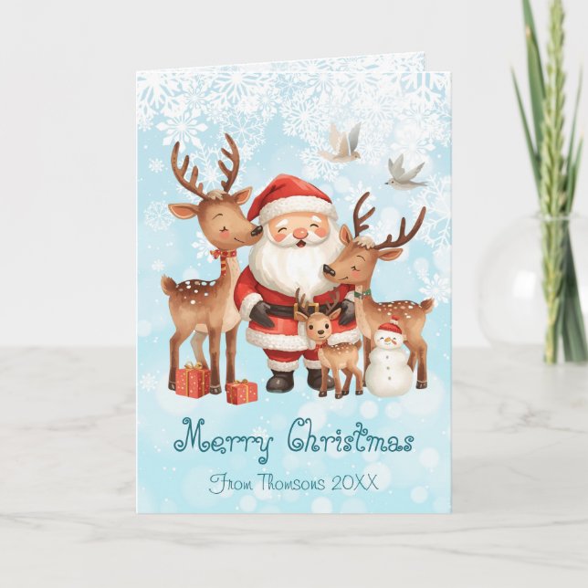 Cartão Santa Claus and reindeers whimsical Christmas Card (Frente)