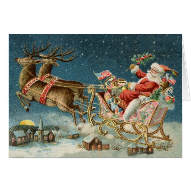 Cartão Santa Claus Christmas Antique Sleigh Reindeer (Frente Horizontal)