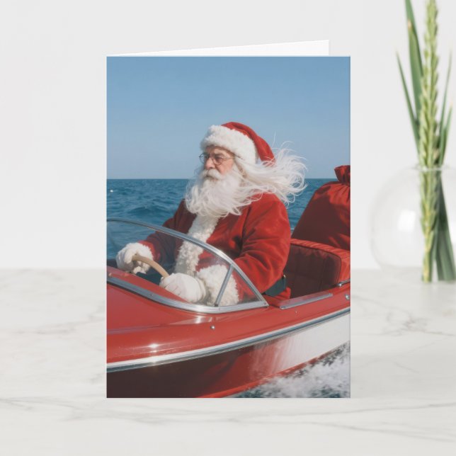 Cartão Santa Claus Delivering Gifts By Speedboat (Frente)
