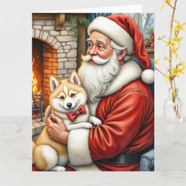 Cartão Santa Claus Holding American Eskimo Christmas Art (Flor Amarela)