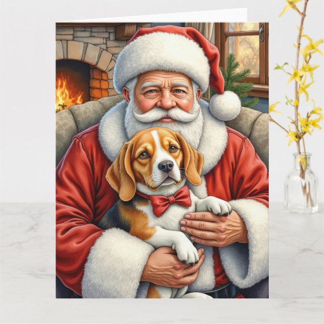 Cartão Santa Claus Holding Beagle Christmas Art (Flor Amarela)