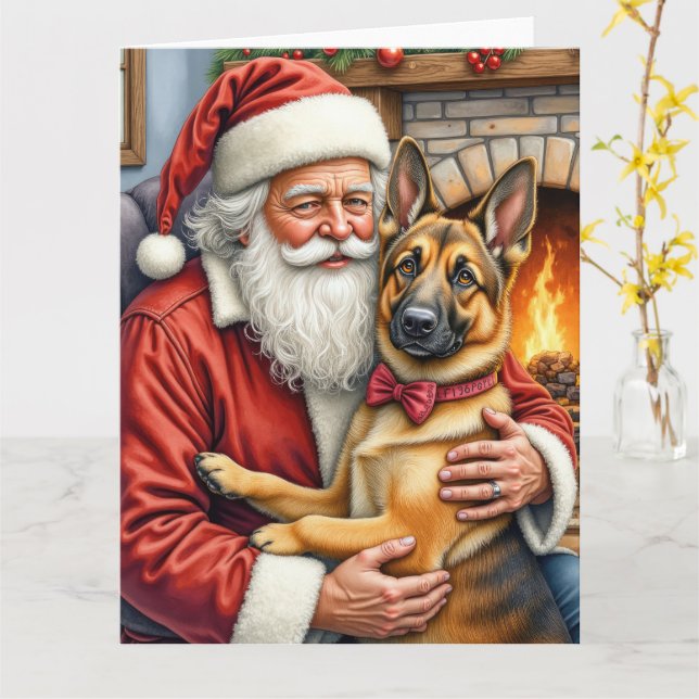 Cartão Santa Claus Holding Belgian Shepherd Christmas Art (Flor Amarela)