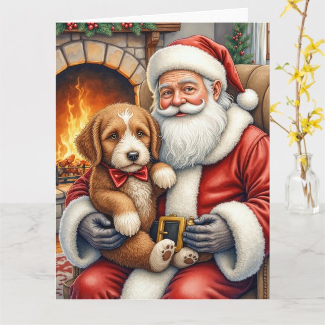 Cartão Santa Claus Holding Bernedoodle Christmas Art (Flor Amarela)