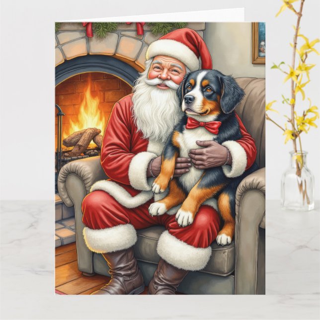 Cartão Santa Claus Holding Bernese Mountain Dog Christmas (Flor Amarela)