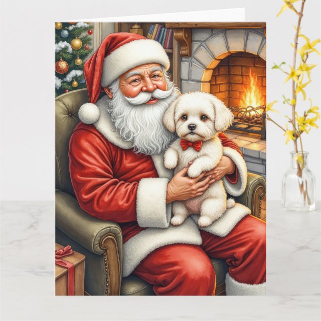 Cartão Santa Claus Holding Bichon Frise Christmas Art (Flor Amarela)