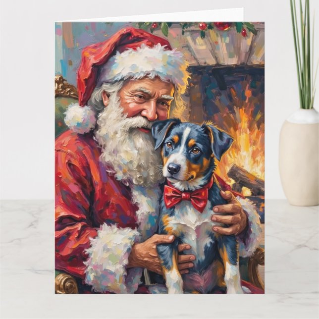 Cartão Santa Claus Holding Blue Heeler Christmas Art (Frente)