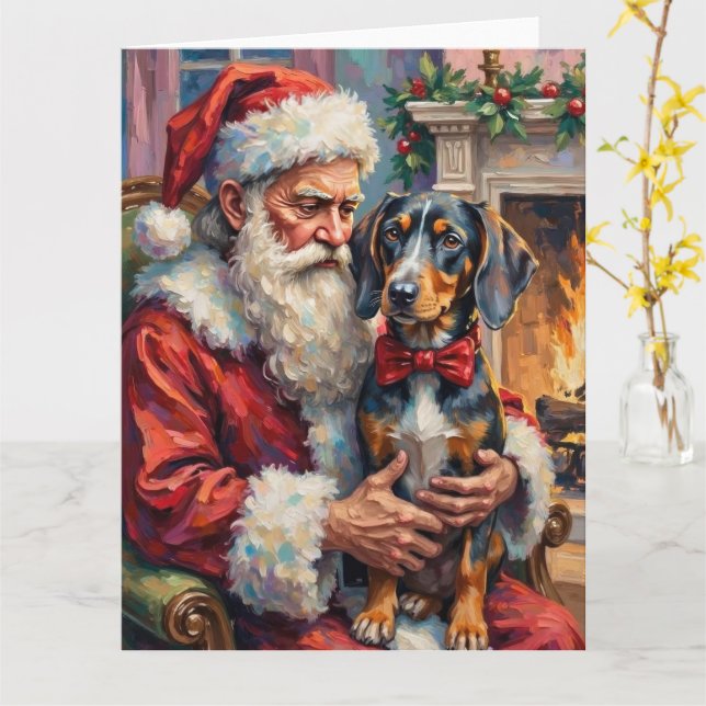 Cartão Santa Claus Holding Bluetick Coonhound Christmas  (Flor Amarela)