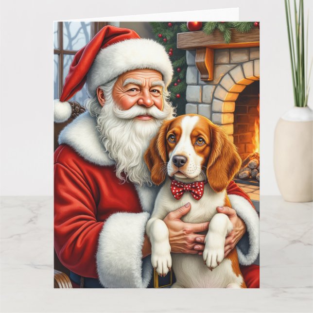 Cartão Santa Claus Holding Brittany Spaniel Christmas Art (Frente)
