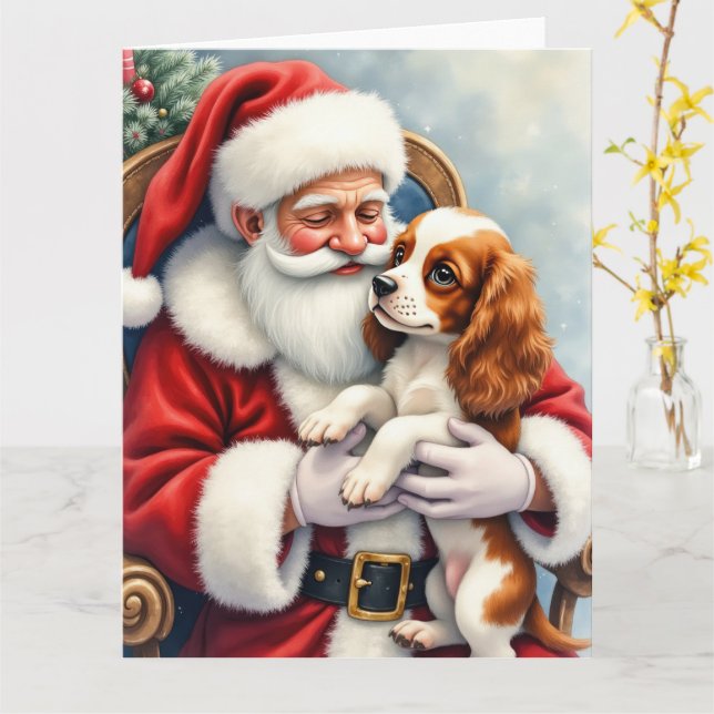 Cartão Santa Claus Holding Cavalier King Charles Spaniel  (Flor Amarela)