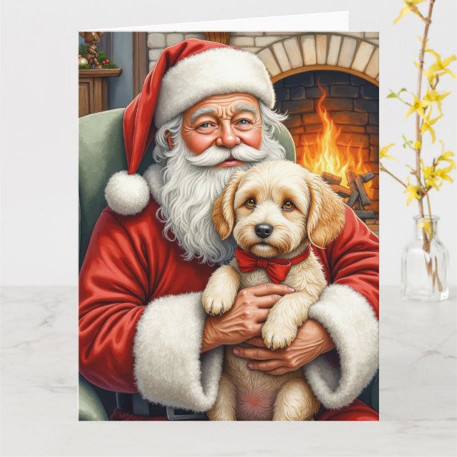 Cartão Santa Claus Holding Cockapoo Christmas Art (Flor Amarela)