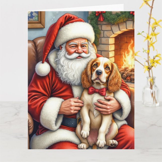 Cartão Santa Claus Holding Cocker Spaniel Christmas Art (Flor Amarela)