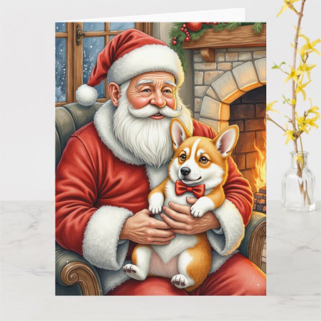 Cartão Santa Claus Holding Corgi Christmas Art (Flor Amarela)