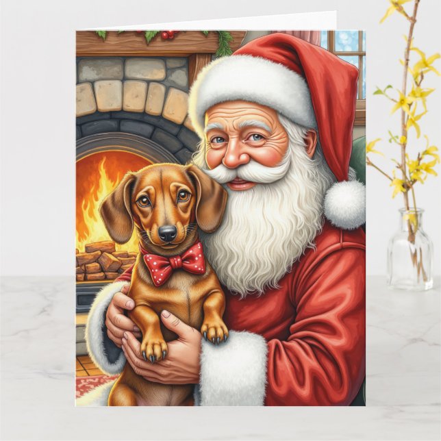 Cartão Santa Claus Holding Dachshund Christmas Art (Flor Amarela)