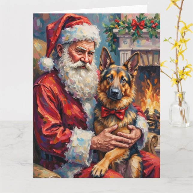 Cartão Santa Claus Holding German Shepherd Christmas Art (Flor Amarela)
