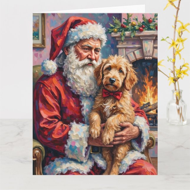 Cartão Santa Claus Holding Goldendoodle Christmas Art (Flor Amarela)