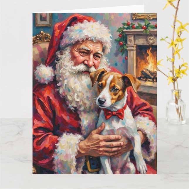 Cartão Santa Claus Holding Jack Russell Christmas Art (Flor Amarela)