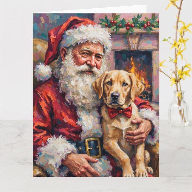 Cartão Santa Claus Holding Labrador Christmas Art (Flor Amarela)