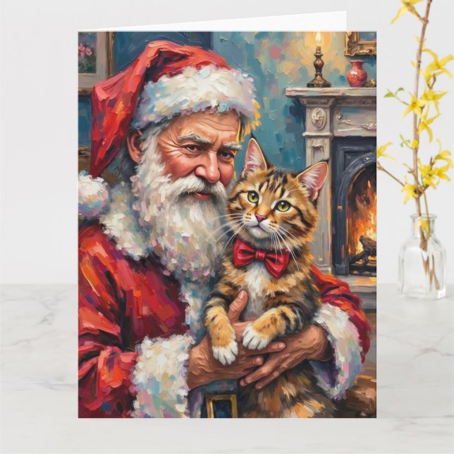 Cartão Santa Claus Holding Maine Coon Cat Christmas Art (Flor Amarela)