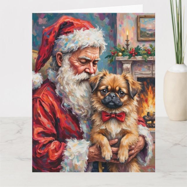 Cartão Santa Claus Holding Pekingese Christmas Art (Frente)