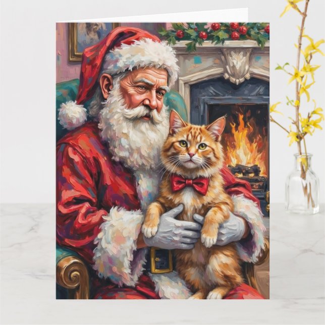 Cartão Santa Claus Holding Persian Cat Christmas Art (Flor Amarela)