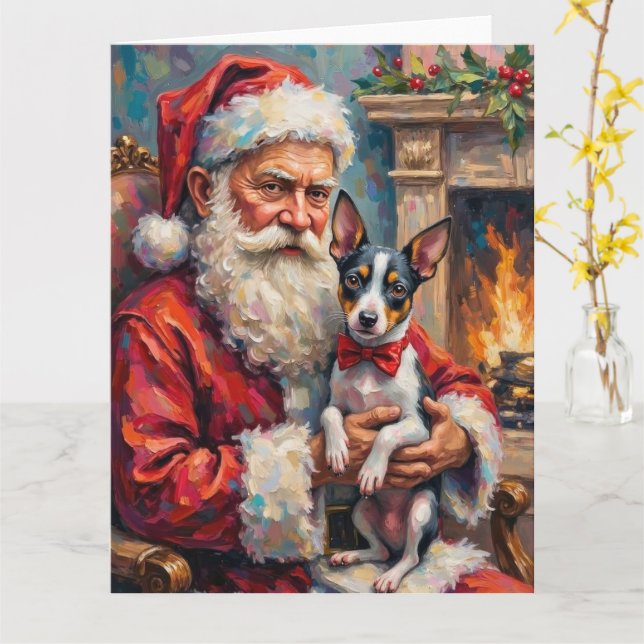 Cartão Santa Claus Holding Rat Terrier Christmas Art (Flor Amarela)