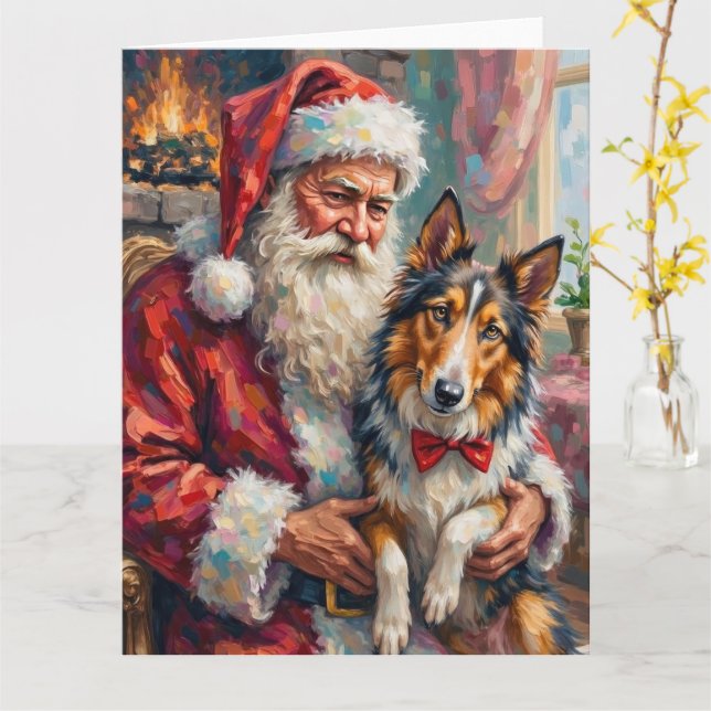 Cartão Santa Claus Holding Rough Collie Christmas Art (Flor Amarela)