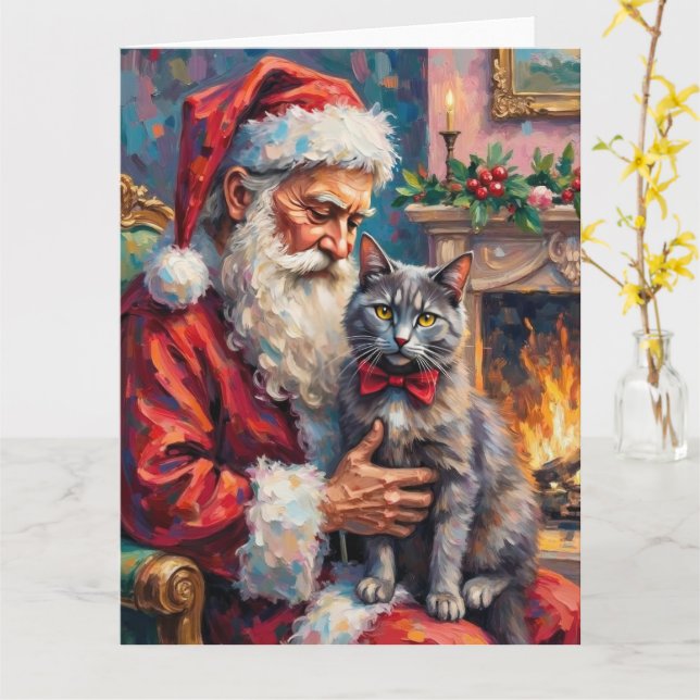 Cartão Santa Claus Holding Russian Blue Cat Christmas Art (Flor Amarela)