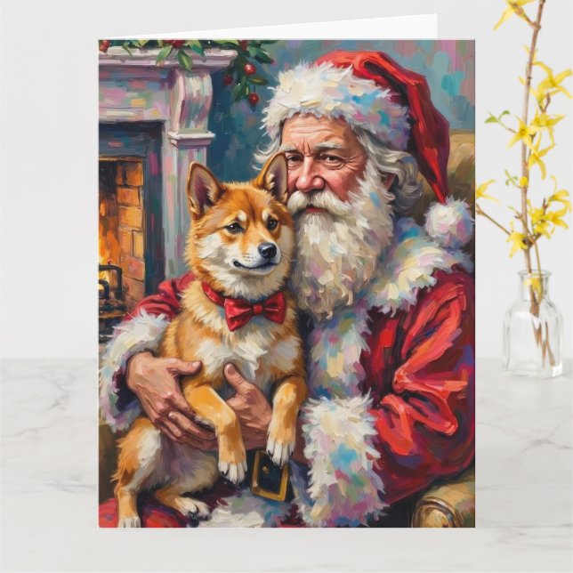 Cartão Santa Claus Holding Shiba Inu Christmas Art (Flor Amarela)