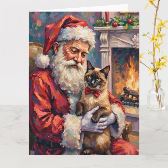 Cartão Santa Claus Holding Siamese Cat Christmas Art (Flor Amarela)