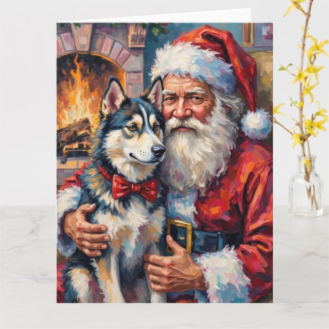 Cartão Santa Claus Holding Siberian Husky Christmas Art (Flor Amarela)