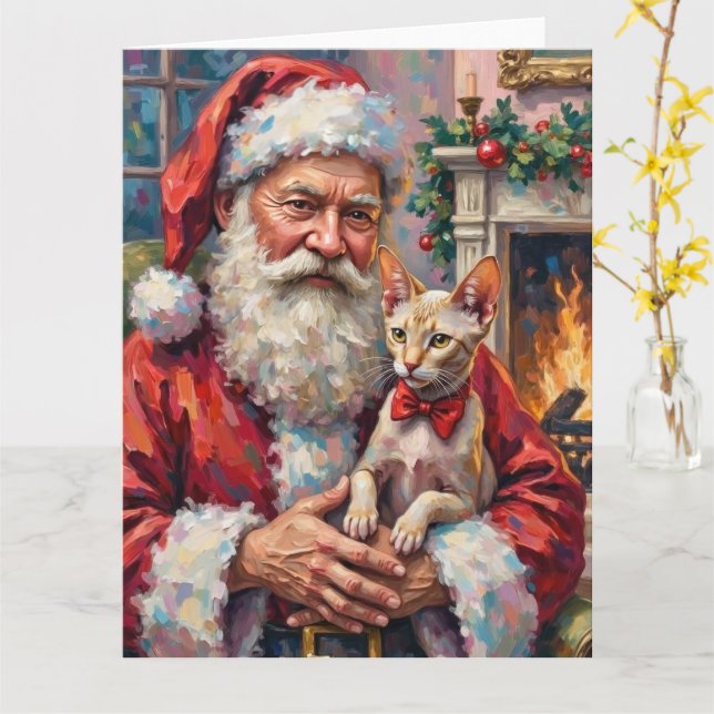 Cartão Santa Claus Holding Sphynx Cat Christmas Art (Flor Amarela)