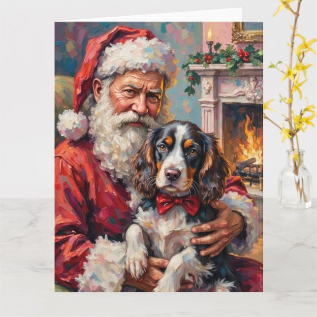 Cartão Santa Claus Holding Springer Spaniel Christmas Art (Flor Amarela)
