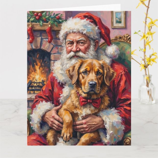 Cartão Santa Claus Holding Tibetan Mastiff Christmas Art (Flor Amarela)