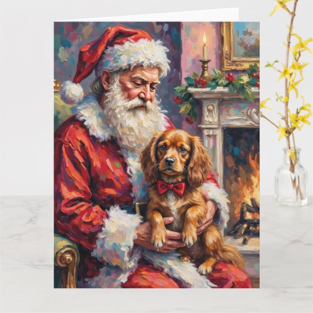 Cartão Santa Claus Holding Tibetan Spaniel Christmas Art (Flor Amarela)