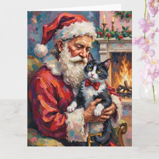 Cartão Santa Claus Holding Tuxedo Cat Christmas Art (Orquídea)