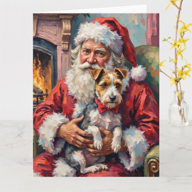 Cartão Santa Claus Holding Wirefox Terrier Christmas Art (Flor Amarela)